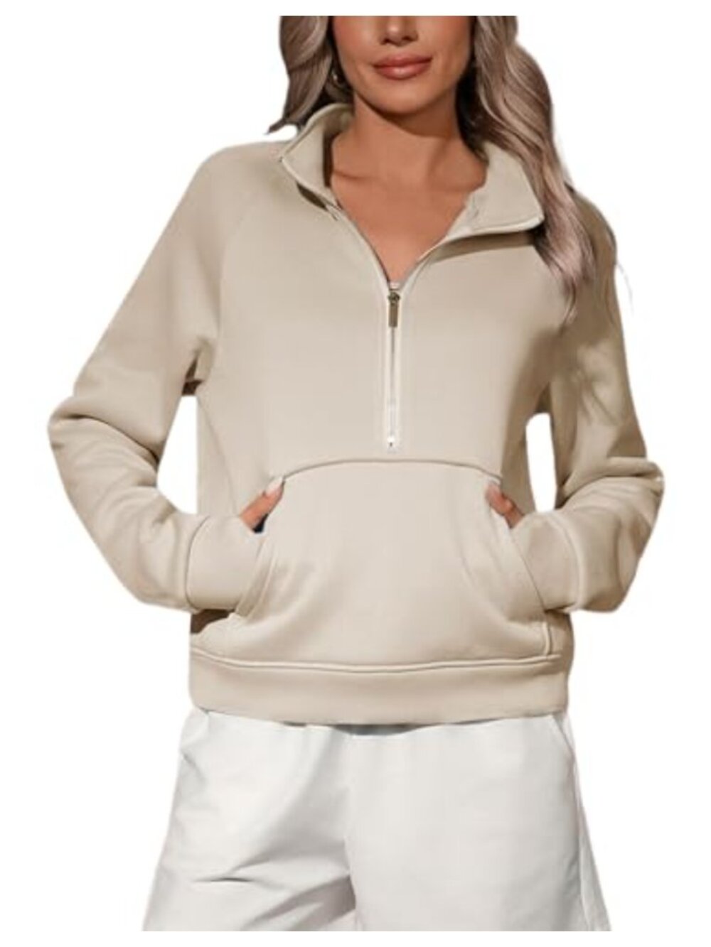 Women's Quarter Zip Cropped Sweatshirt Oversized Fleece Thumbholes Kangaroo